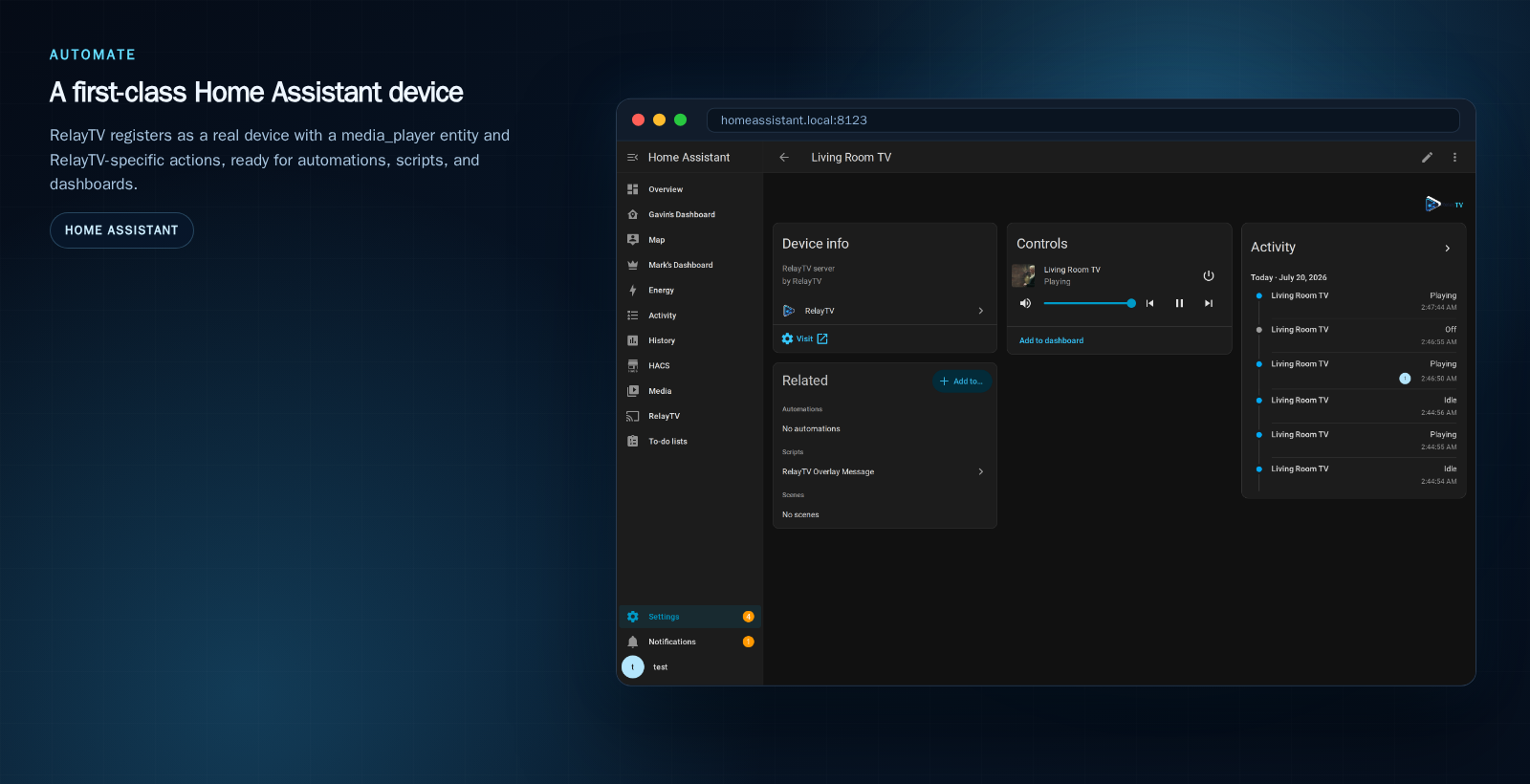 RelayTV device page in Home Assistant with device info, controls, and activity
