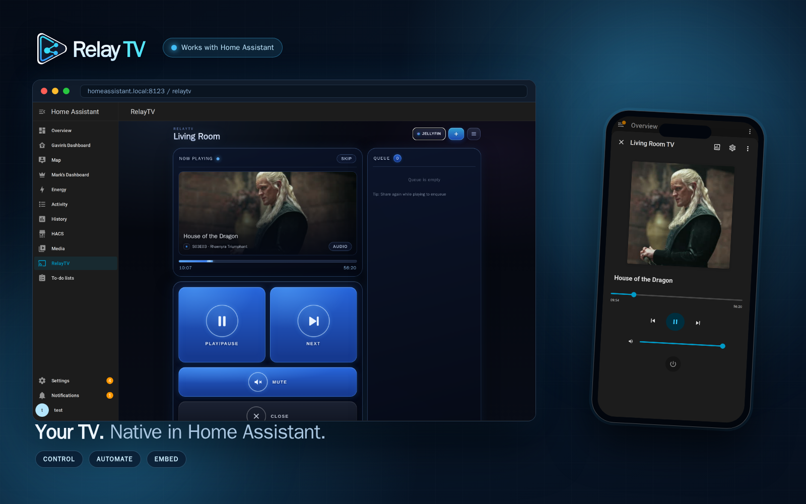 RelayTV running as a Home Assistant media player, panel, and mobile control