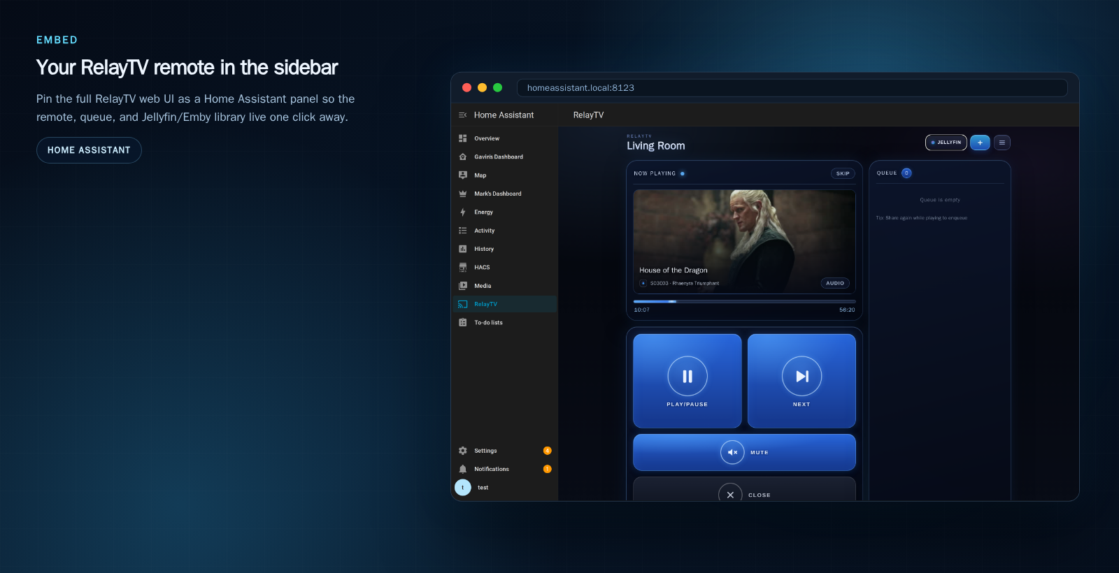 The RelayTV web UI embedded as a Home Assistant sidebar panel