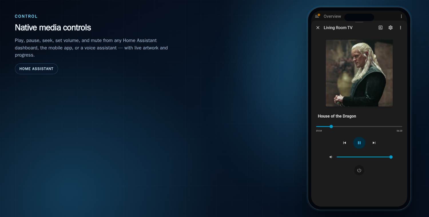 RelayTV media-player more-info dialog with artwork, seek, and volume controls
