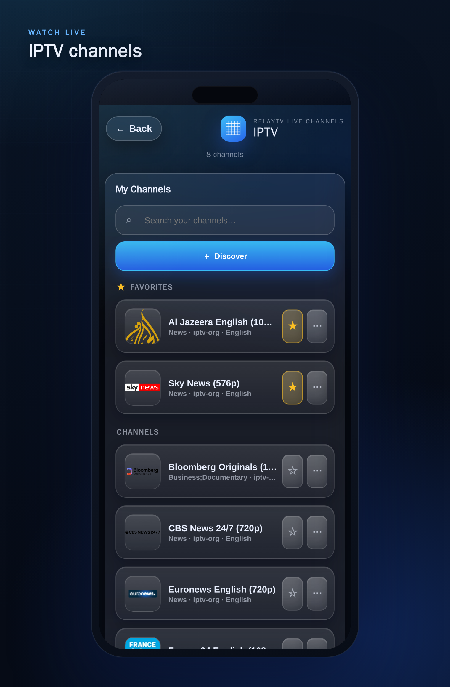 RelayTV My Channels IPTV page with favorites and live channels on a phone