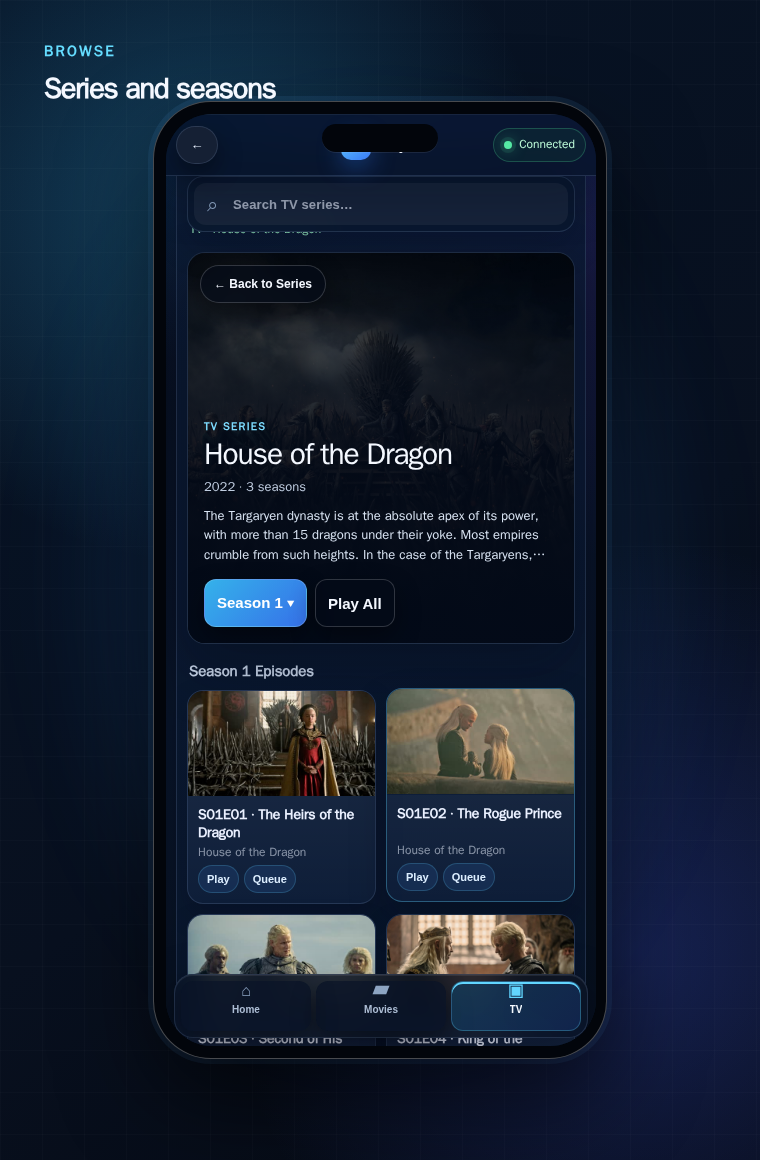 RelayTV Jellyfin series page and season browser on a phone