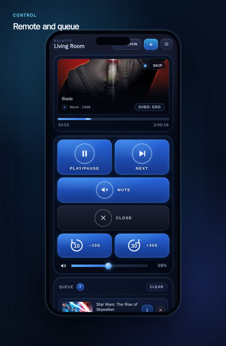 RelayTV phone remote with now playing controls and queue