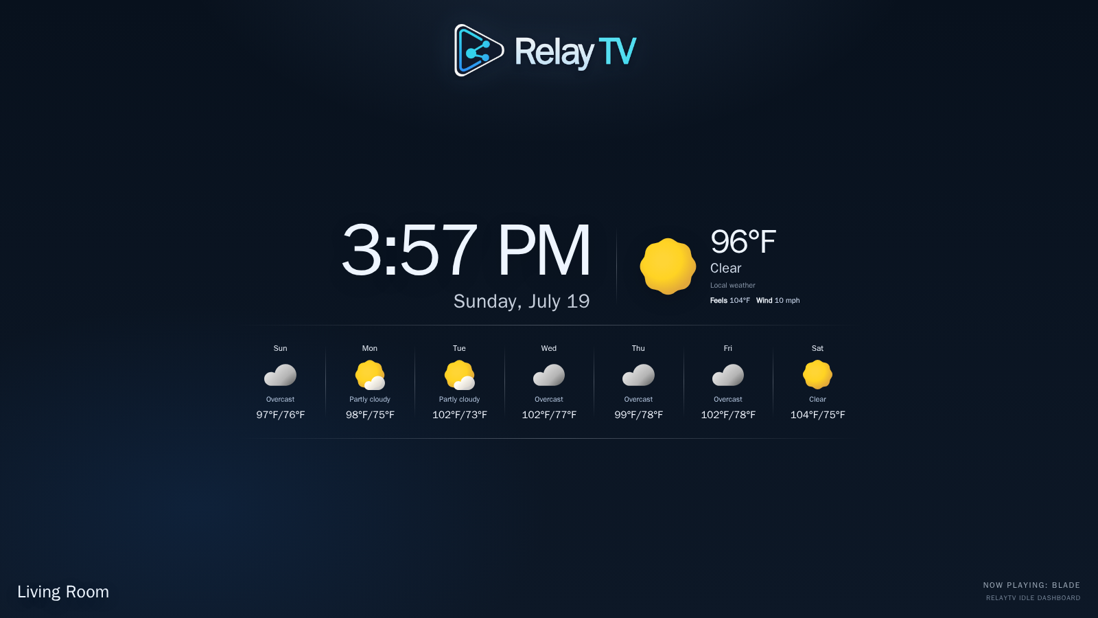 RelayTV living-room idle dashboard on a television